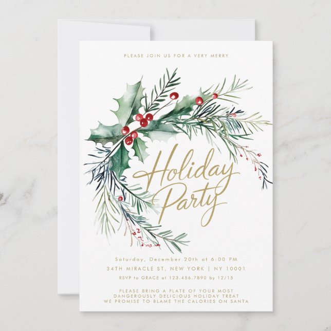 Winter Berries Modern Script Holiday Party Invitation (Front)