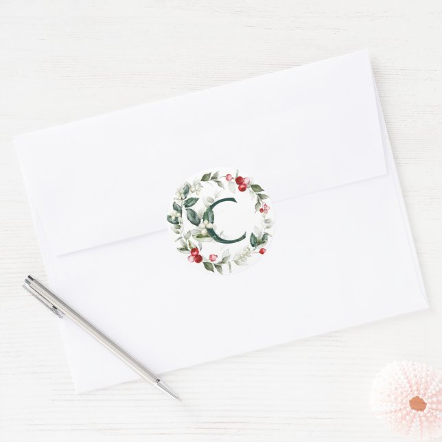 Winter Berries Monogram C Small Round Labels (Envelope)