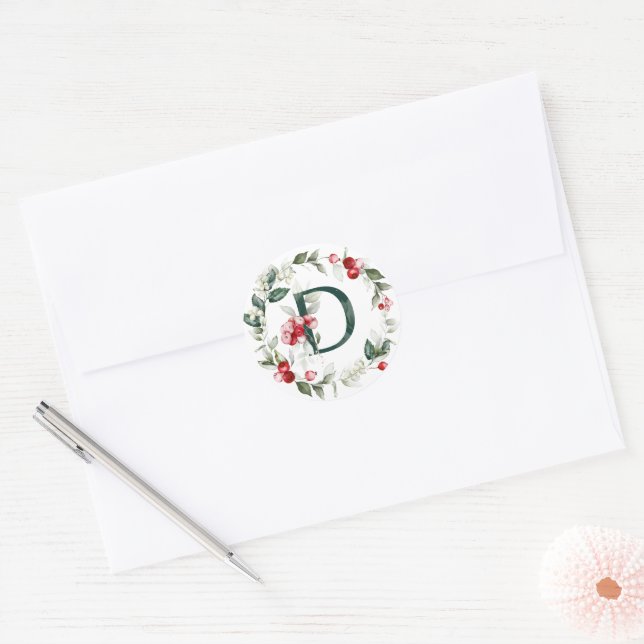 Winter Berries Monogram D Small Round Labels (Envelope)