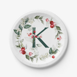 Winter Berries Monogram K  Paper Plate