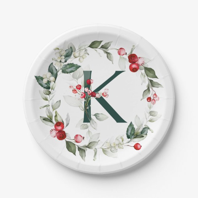 Winter Berries Monogram K  Paper Plate (Front)