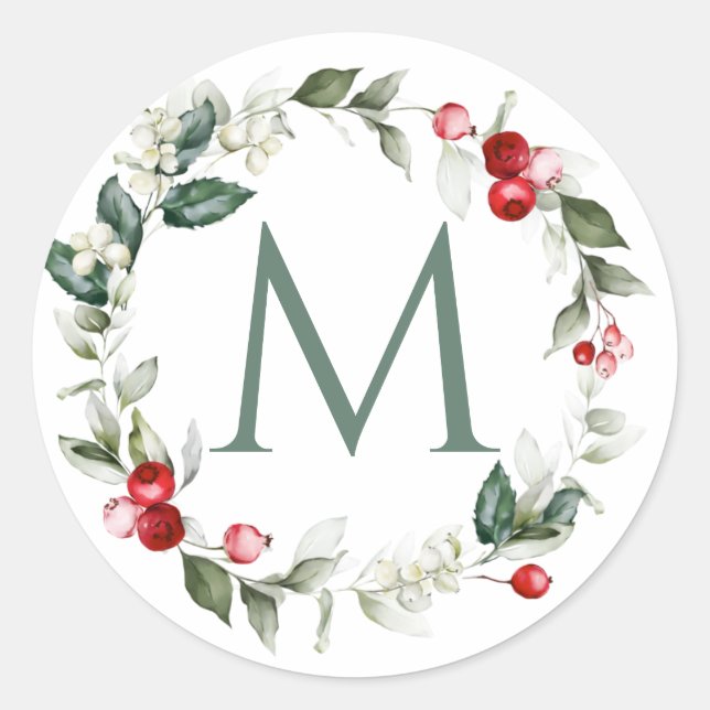 Winter Berries Monogram Small Round Labels (Front)