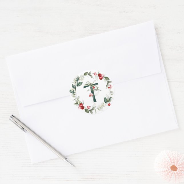Winter Berries Monogram T Small Round Labels (Envelope)