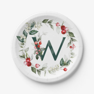 Winter Berries Monogram W  Paper Plate
