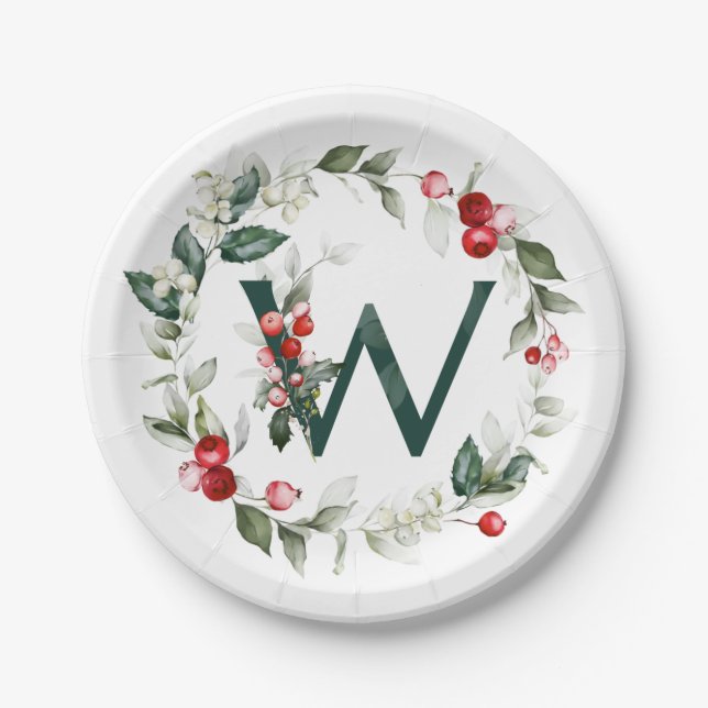Winter Berries Monogram W  Paper Plate (Front)