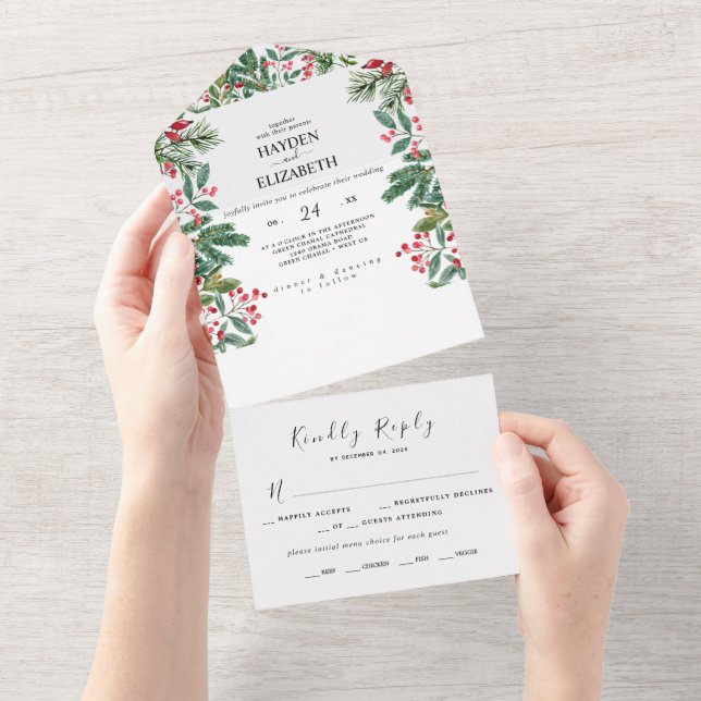 Winter Berries Pine Cone Greenery Wedding All In One Invitation (Tearaway)