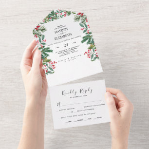 Winter Berries Pine Cone Greenery Wedding All In One Invitation