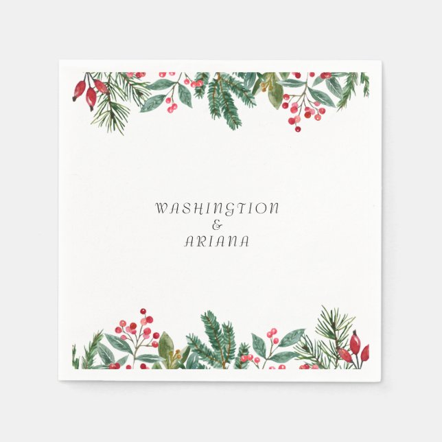 Winter Berries Pine Cone Greenery Wedding Napkin (Front)