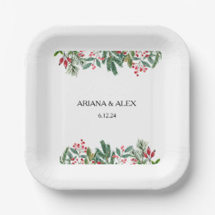 Winter Berries Pine Cone Greenery Wedding Paper Plate