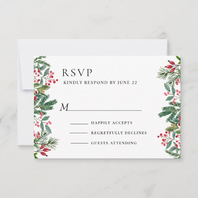 Winter Berries Pine Cone Greenery Wedding  RSVP Card (Front)