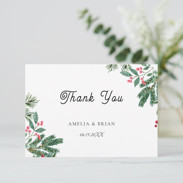 Winter Berries Pine Cone Greenery Wedding Thank You Card (Standing Front)