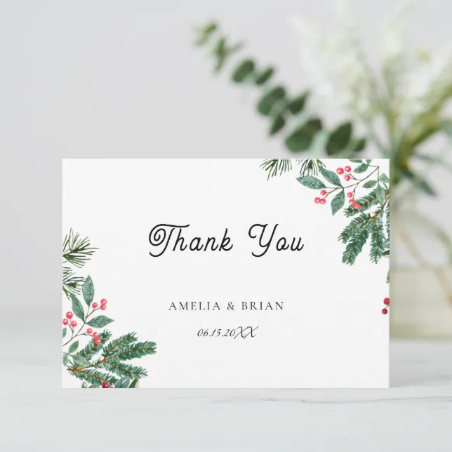 Winter Berries Pine Cone Greenery Wedding Thank You Card | Zazzle