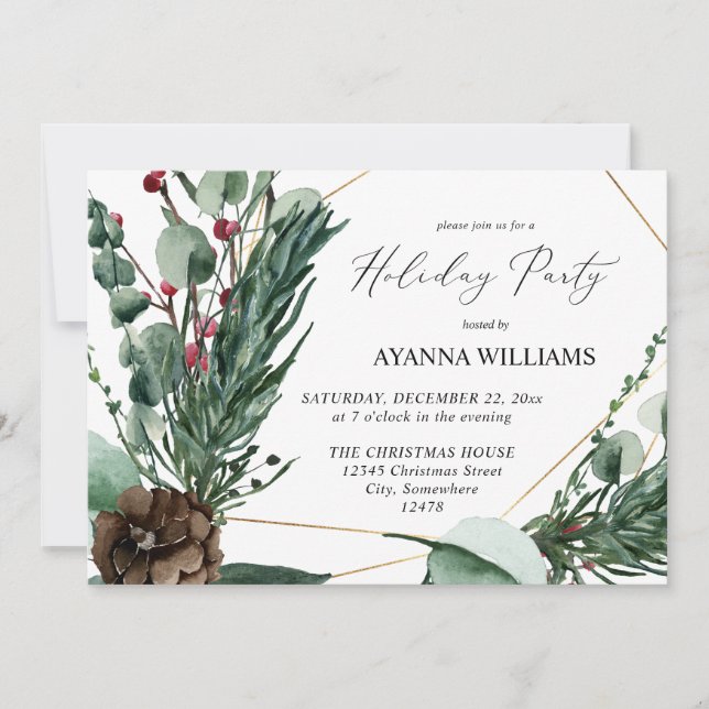 Winter Berries & Pine Greenery Holiday Party Invitation (Front)