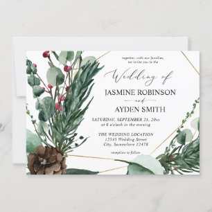 Winter Berries & Pine Greenery Wedding 2 Invitation