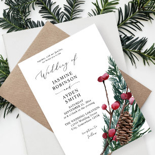 Winter Berries & Pine Greenery Wedding Invitation