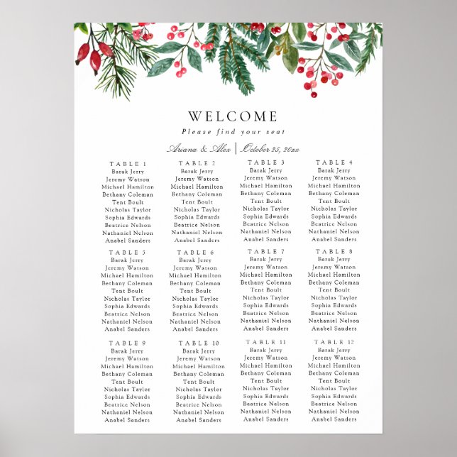 Winter Berries Pine Greenery Wedding Seating Chart (Front)