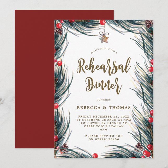winter berries pine rehearsal dinner invitation (Front/Back)