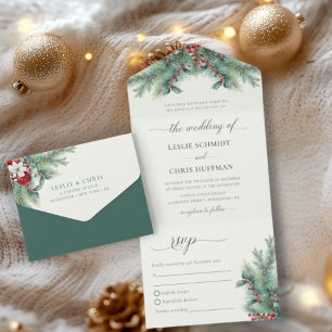 Winter Berries & Pine Watercolor Greenery Wedding All In One Invitation