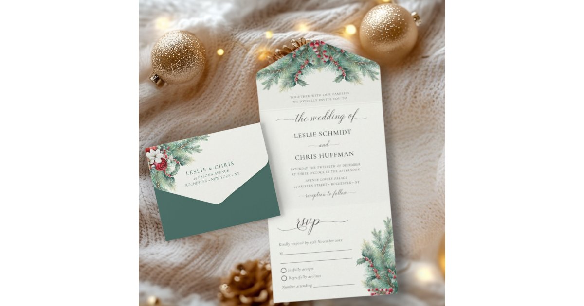 Winter Berries & Pine Watercolor Greenery Wedding All In One Invitation ...