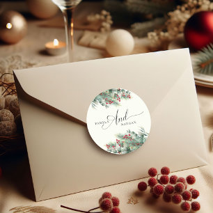 Winter Berries & Pine Watercolor Greenery Wedding Classic Round Sticker