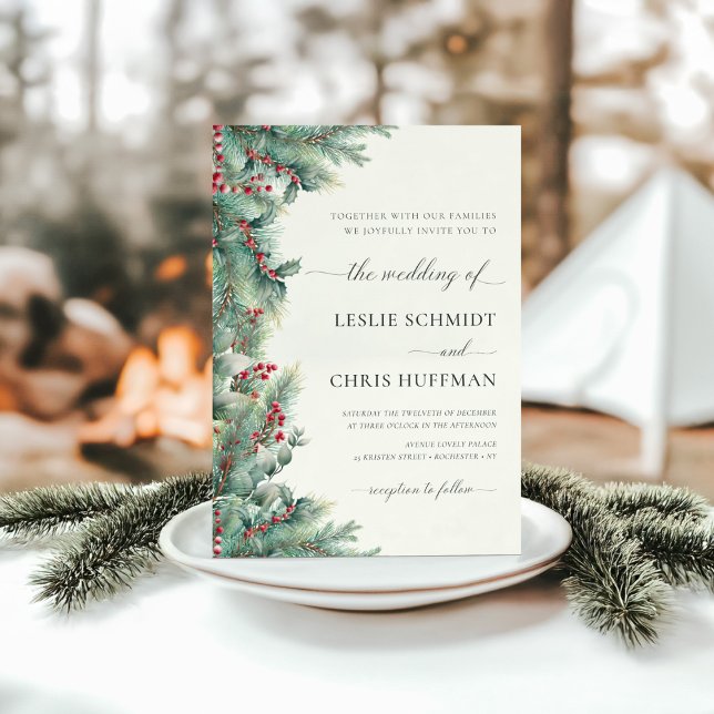Winter Berries & Pine Watercolor Greenery Wedding  Invitation (Creator Uploaded)