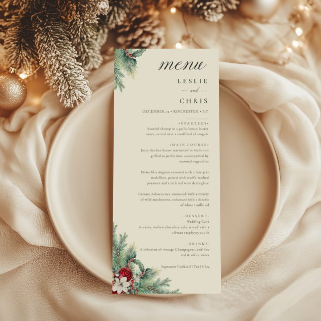 Winter Berries & Pine Watercolor Greenery Wedding  Menu (Creator Uploaded)