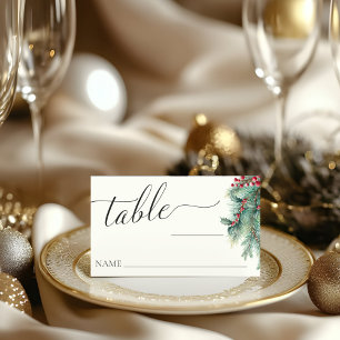 Winter Berries & Pine Watercolor Greenery Wedding Place Card