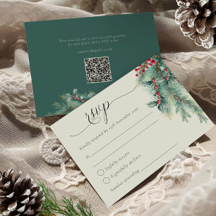 Winter Berries & Pine Watercolor Greenery Wedding RSVP Card