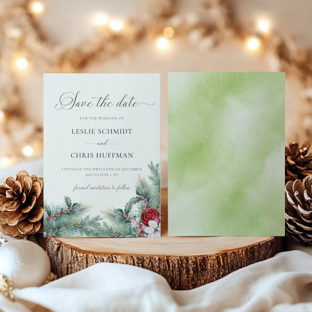 Winter Berries & Pine Watercolor Greenery Wedding  Save The Date (Creator Uploaded)