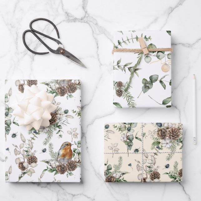 Winter Berries, Pinecones and Evergreen Assorted Wrapping Paper Sheet (Front)