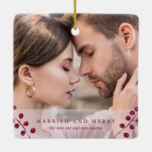 Winter Berries Pink Married and Merry Photo Ceramic Ornament (Back)