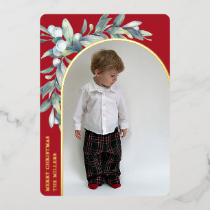 Winter Berries Red Arched Photo Foil Holiday Card