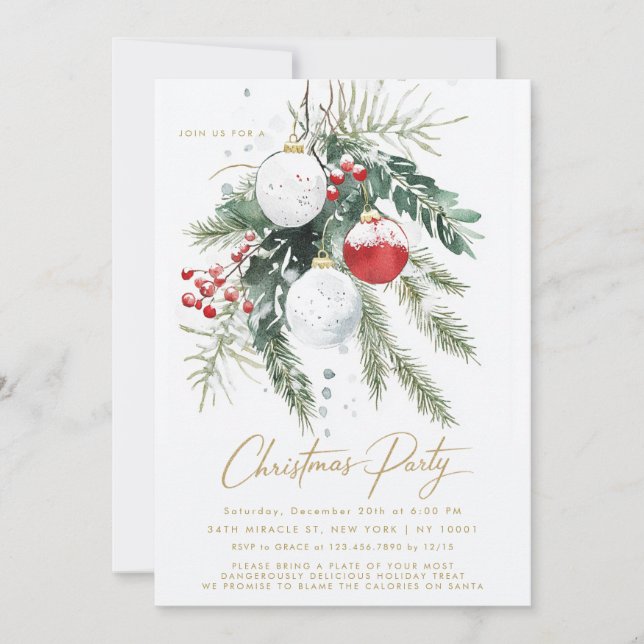 Winter Berries Red White Ornaments Christmas Party Invitation (Front)