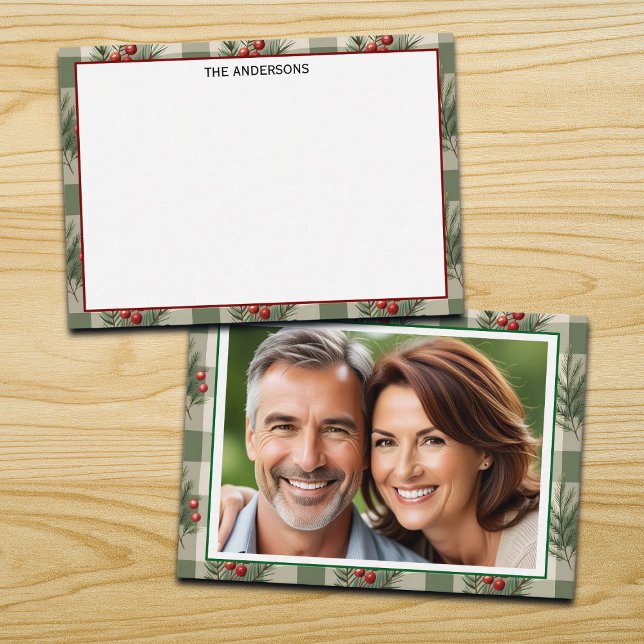 Winter Berries Sage Checkered Photo Note Card (Creator Uploaded)