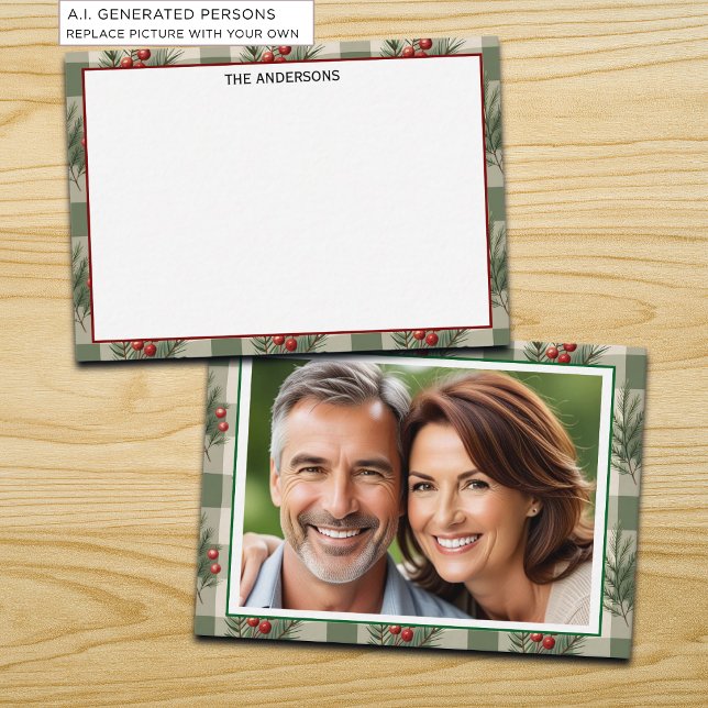 Winter Berries Sage Chequered Photo Note Card (Creator Uploaded)