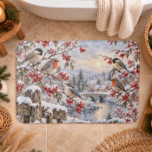 Winter Berries Snowy Village Birds Illustration Bath Mat