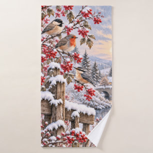 Winter Berries Snowy Village Birds Illustration Bath Towel