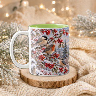 Winter Berries Snowy Village Birds Illustration Two-Tone Coffee Mug