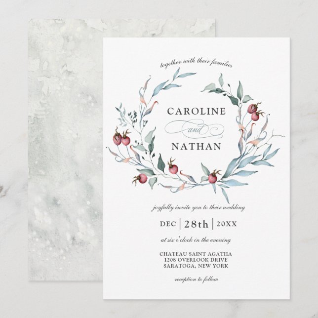 Winter Berries Watercolor Botanical Wreath Wedding Invitation (Front/Back)