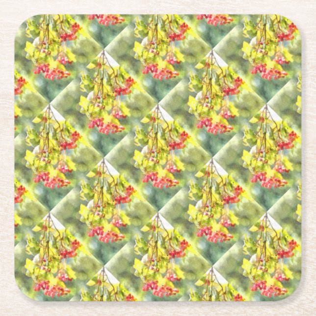 Winter Berries Watercolor Square Paper Coaster (Front)