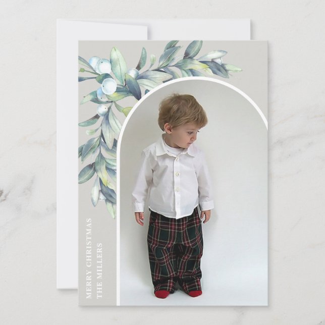 Winter Berries White Arched Photo Holiday Card (Front)