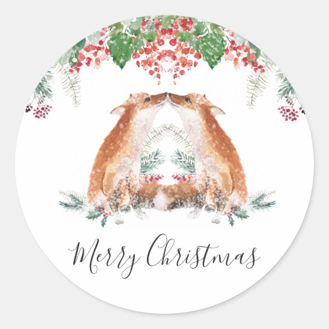 Winter Berries Woodland Fox Merry Christmas Classic Round Sticker (Front)