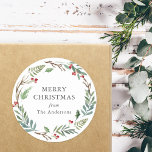 Winter Berries Wreath Christmas Gift Classic Round Sticker<br><div class="desc">Custom-designed Christmas stickers and labels featuring festive watercolor Christmas wreath with winter greenery and red berries.</div>
