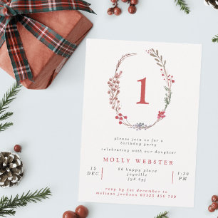 Winter Berries Wreath Girl's 1st Birthday Party Invitation