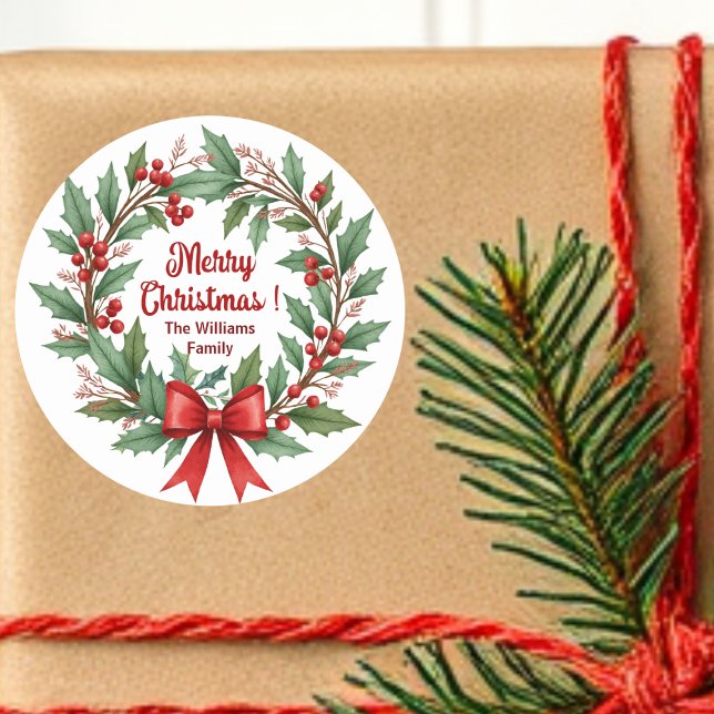 Winter Berries Wreath Red Bow Classic Round Sticker (Creator Uploaded)