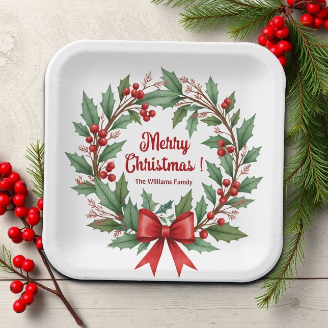 Winter Berries Wreath Red Bow Paper Plate (Creator Uploaded)