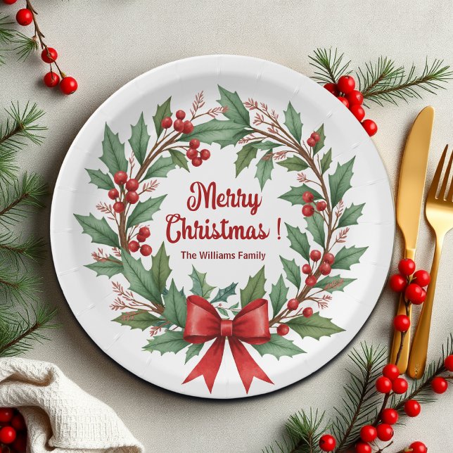 Winter Berries Wreath Red Bow Paper Plate (Creator Uploaded)