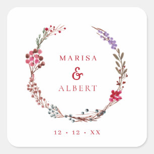 Winter Berries Wreath Wedding  Square Sticker