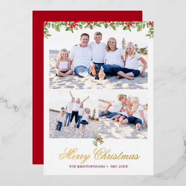 Winter Berry Garland 3 Photo Christmas Greeting Foil Holiday Card (Front/Back)