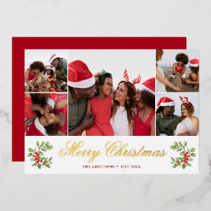 Winter Berry Red Green Christmas 5 Photo Greeting Foil Holiday Card